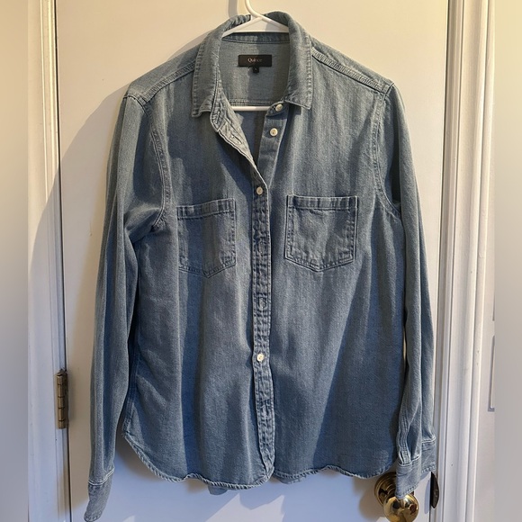 Quince Tops - Quince Blue Washed Button Front 100% Cotton Shirt Size Large Chambray Denim Look